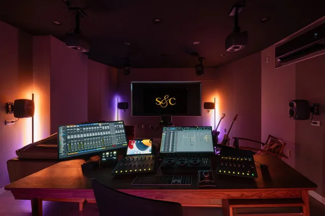 An alternate Studio B view toward the front display with subdued session lighting.