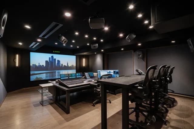 The same view of Studio A with the motorized shades drawn for projection and mixing.