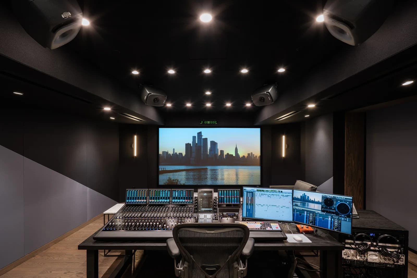 The view from Studio A’s mix position toward the screen and acoustic windows.
