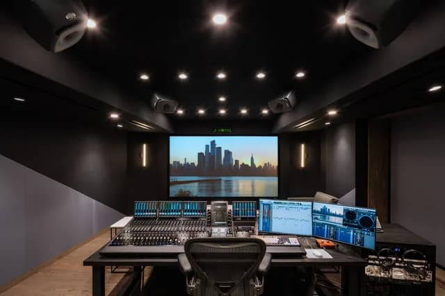 The view from Studio A’s mix position toward the screen and acoustic windows.