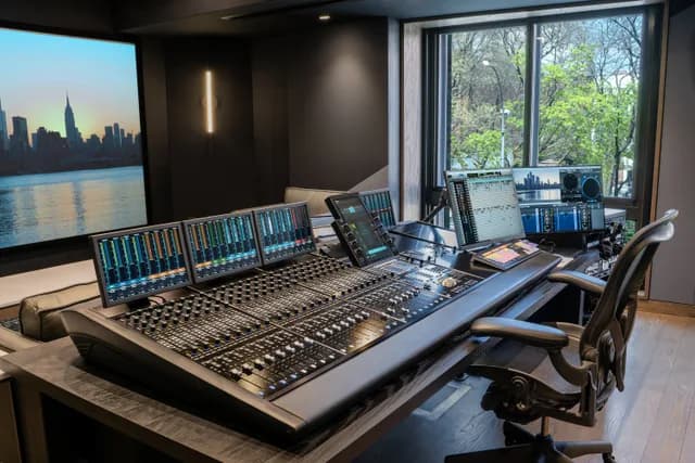 Studio A’s console and monitoring position with daylight through the acoustic windows.