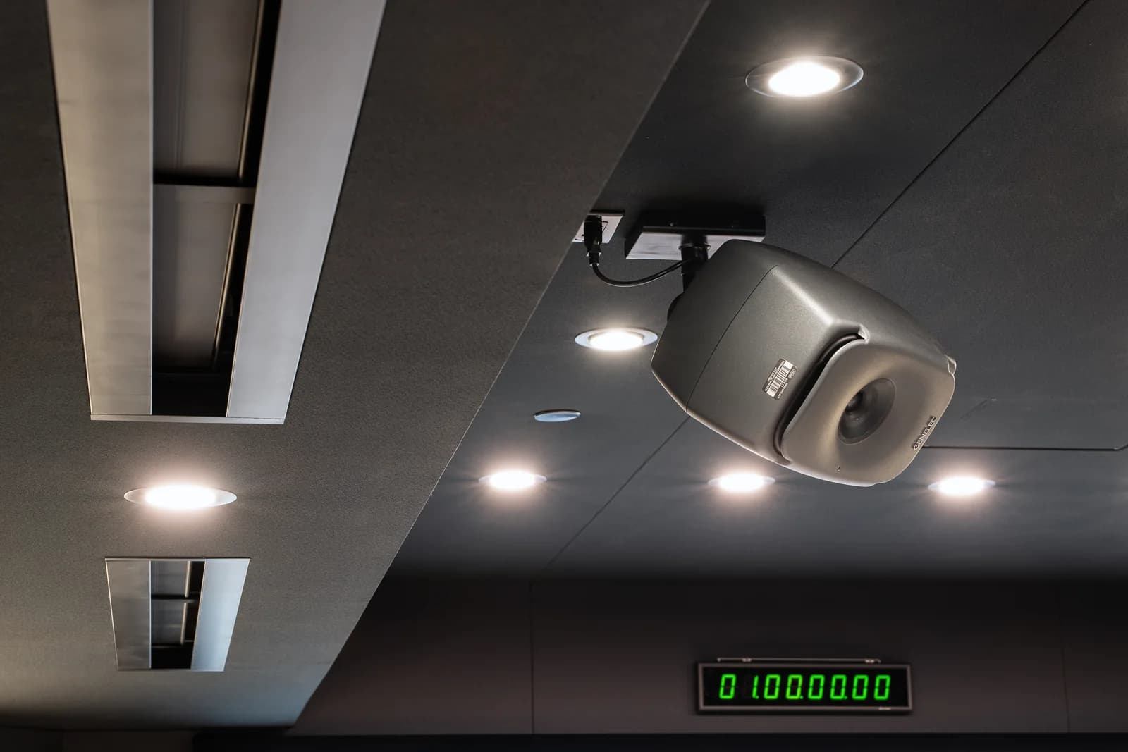 Studio A’s overhead Genelec speaker, soffits, lighting, slot diffusers and timecode display.