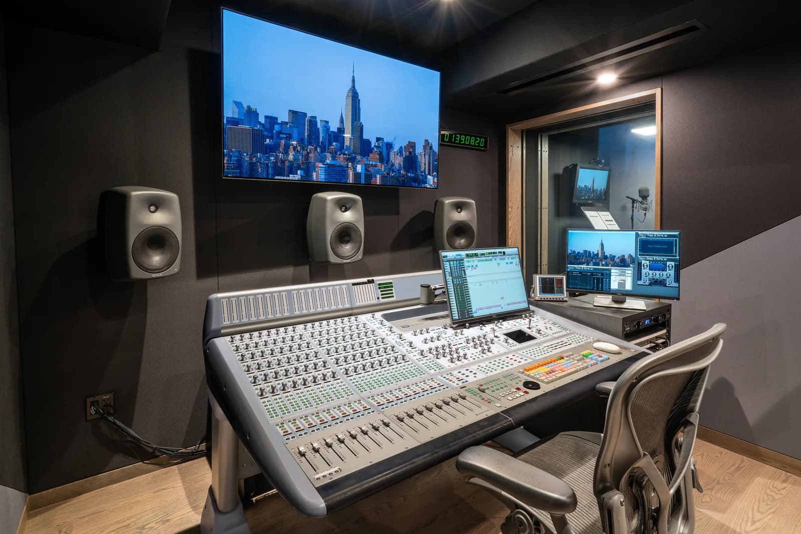 Studio B, the 5.1 surround mix room, with its window into the voiceover booth.