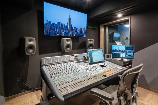 Studio B, the 5.1 surround mix room, with its window into the voiceover booth.